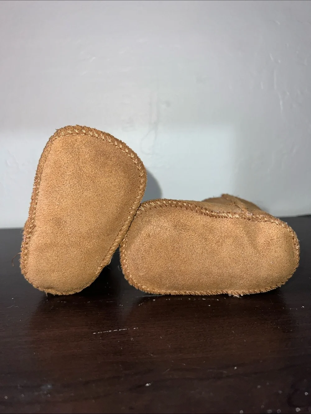 UGG Chestnut Suede Baby Booties with Shearling Trim - Picture 5 of 8